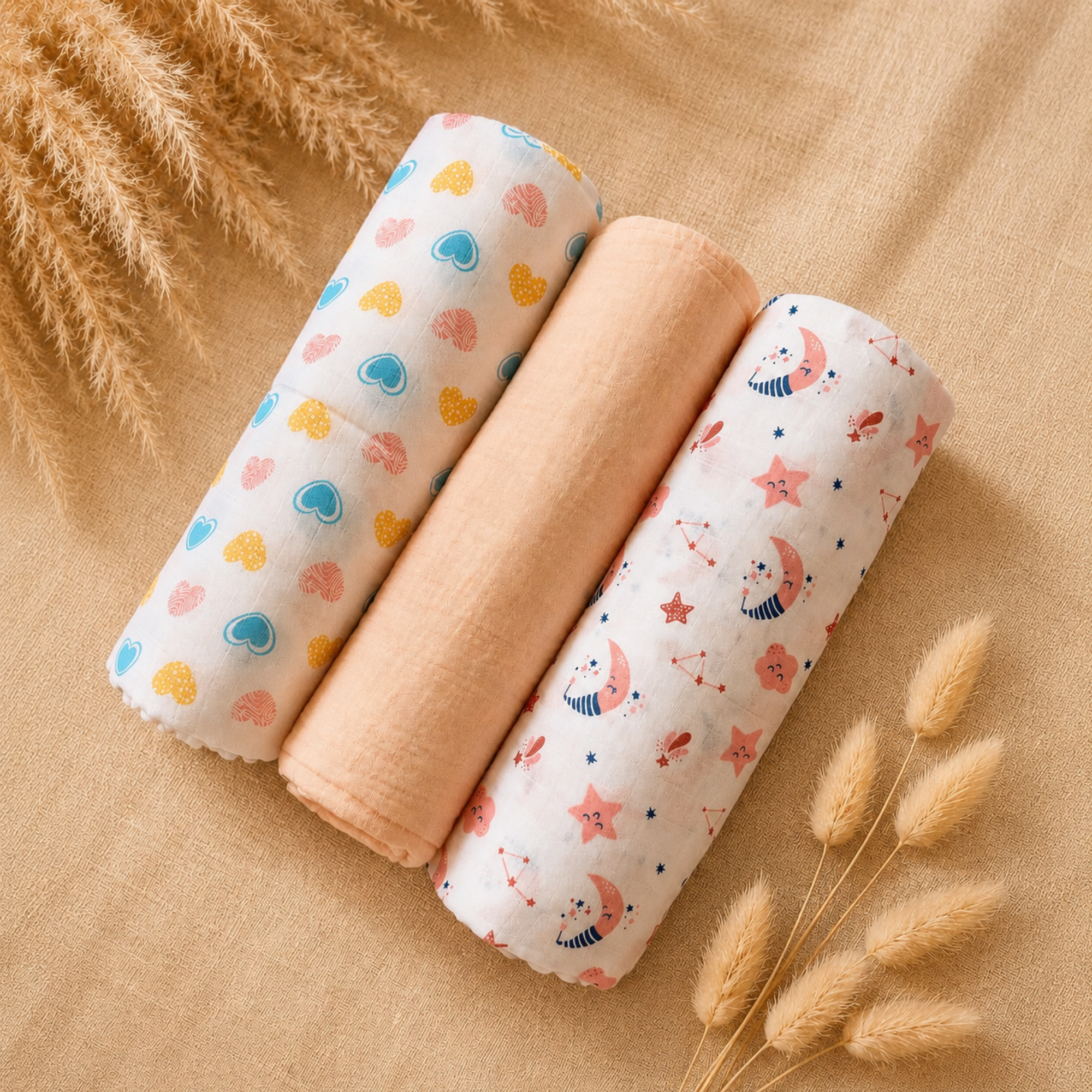 Cotton Muslin Swaddle Set - Peach Little Dreams - Pack of 3